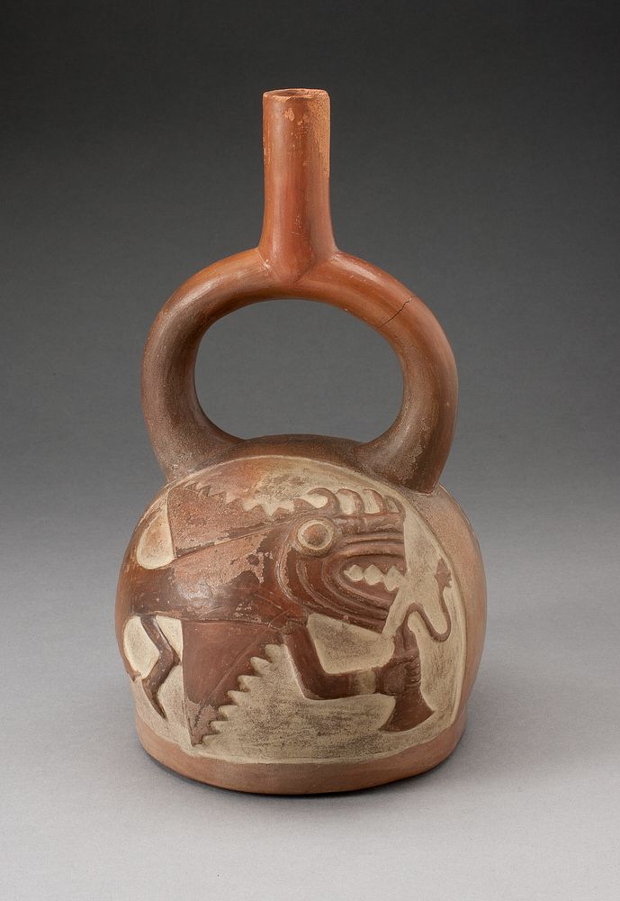 Stirrup Spout Vessel Incised with Anthropomorphic Fish by Moche