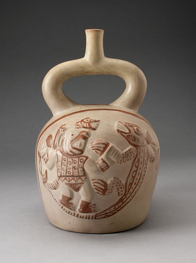 Stirrup Spout Vessel with Raised Mythic Battle Motifs by Moche