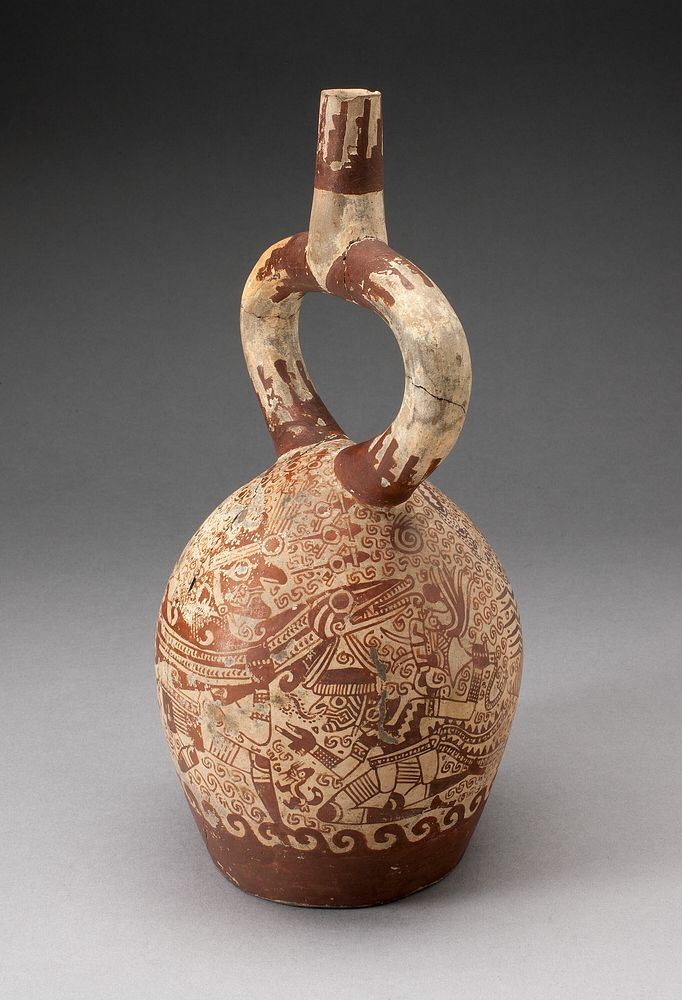 Stirrup Vessel with Fineline Painting Depicting Warriors in an Aquatic Scene by Moche