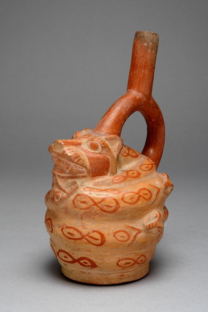 Spout Vessel in Form of Snakes Coiling Around a Feline by Moche