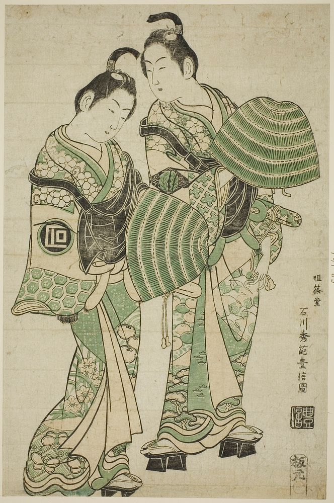 The Actors Onoe Kikugoro I and Sanogawa Ichimatsu I dressed as mendicant monks (komuso) by Ishikawa Toyonobu