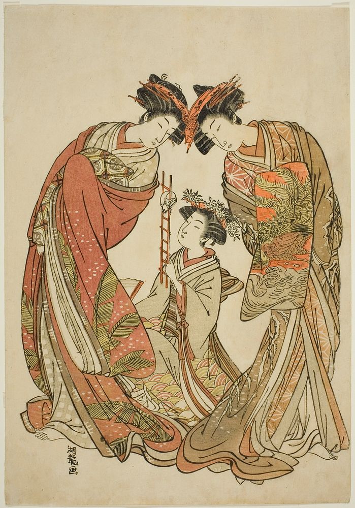 Two Courtesans Watching an Attendant Play with a Rat by Isoda Koryusai