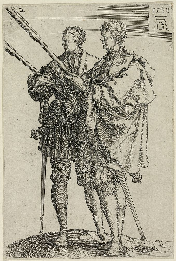 Two Torch-Bearers, plate two from The Large Wedding-Dancers by Heinrich Aldegrever