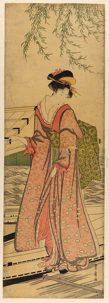 Young woman stepping out of a boat by Utagawa Toyohiro