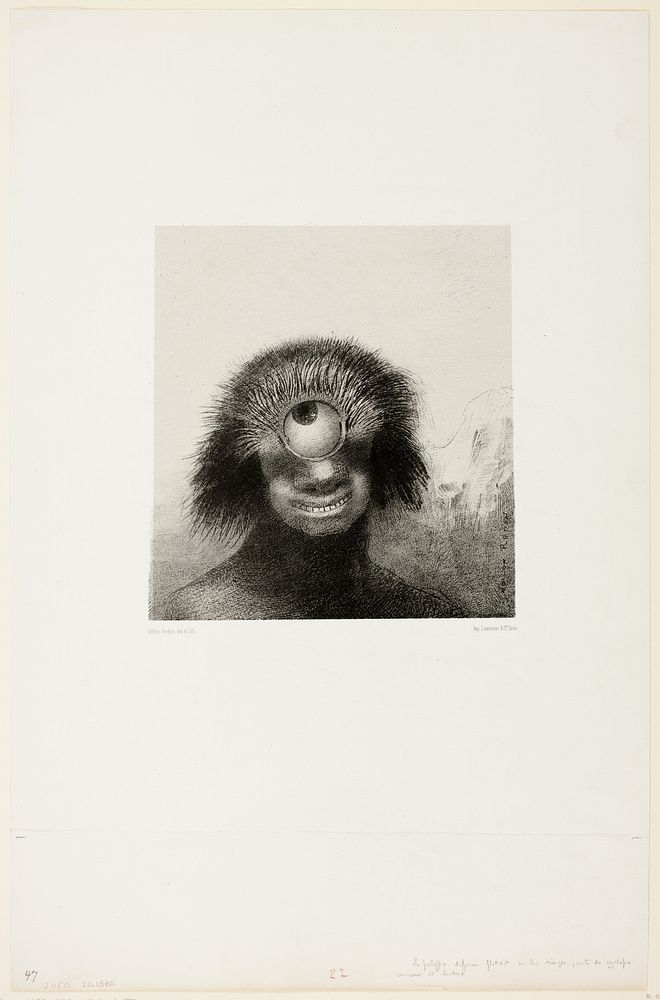 The Misshapen Polyp Floated on the Shores, a Sort of Smiling and Hideous Cyclops, plate 3 of 8 from "Les Origines" by Odilon…