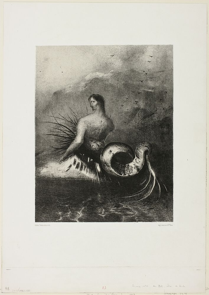 Siren Coming out of the Waves, Dressed in Flames, plate 4 of 8 from "Les Origines" by Odilon Redon
