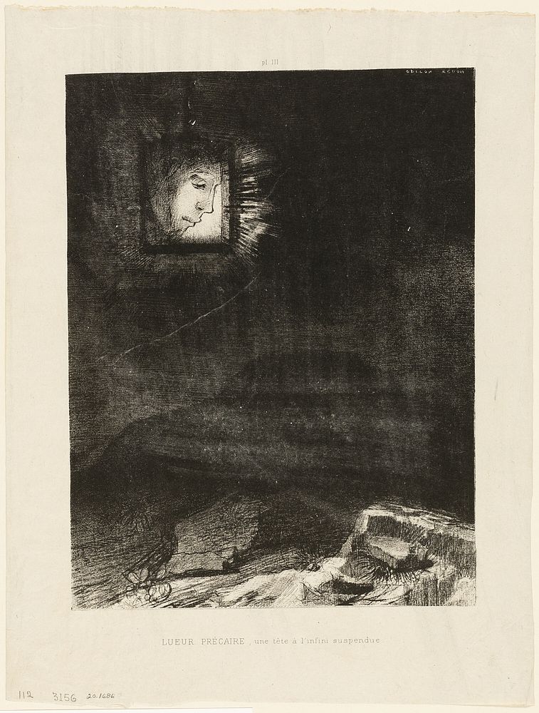 Precarious Glimmering, a Head Suspended from Infinity, plate 3 of 6 by Odilon Redon