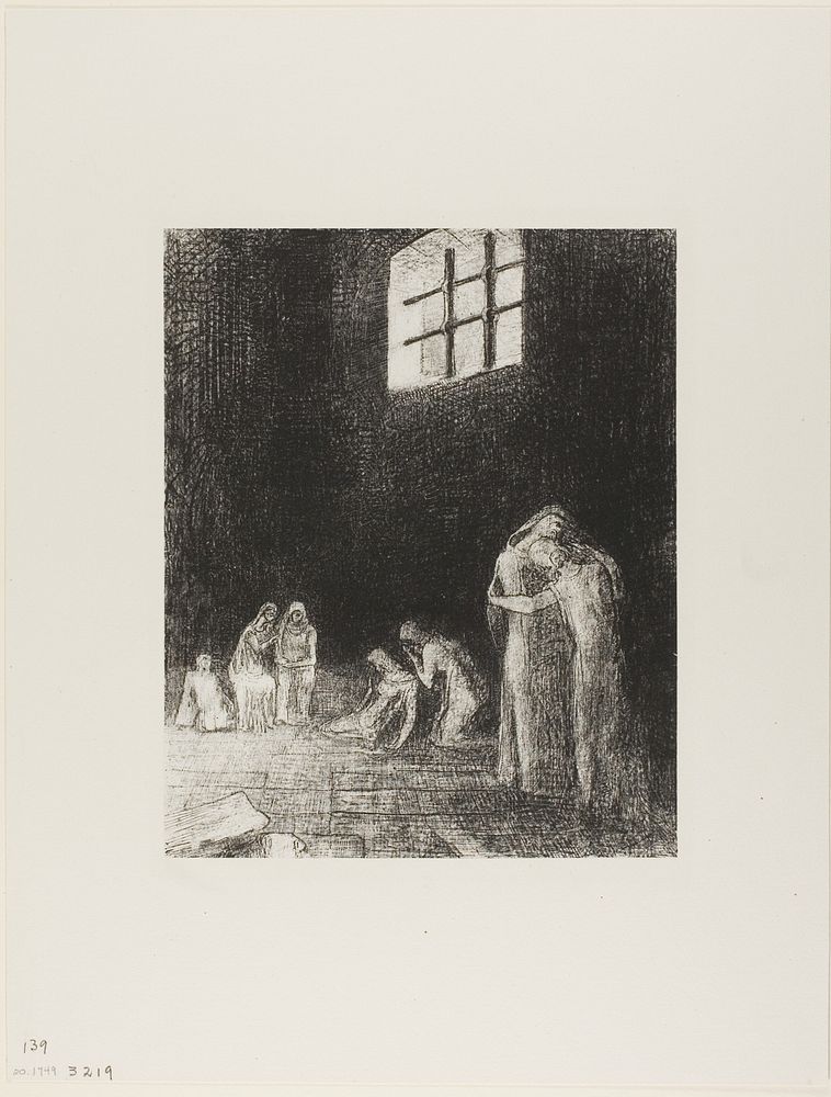 In the Shadow Are People, Weeping and Praying, Surrounded by Others Who Are Exhorting Them, plate 6 of 24 by Odilon Redon