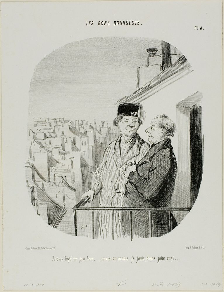 “I am living a little high up... but at least I am enjoying a beautiful view,” plate 8 from Les Bons Bourgeois by Honoré…