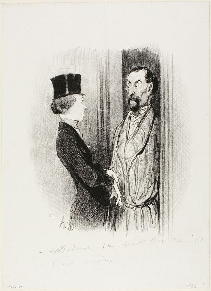 The Rendez-Vous. “- Madame Eudoxie Blancminet? - That's me, Monsieur... what can I do for you?,” plate 44 from Les Beaux…