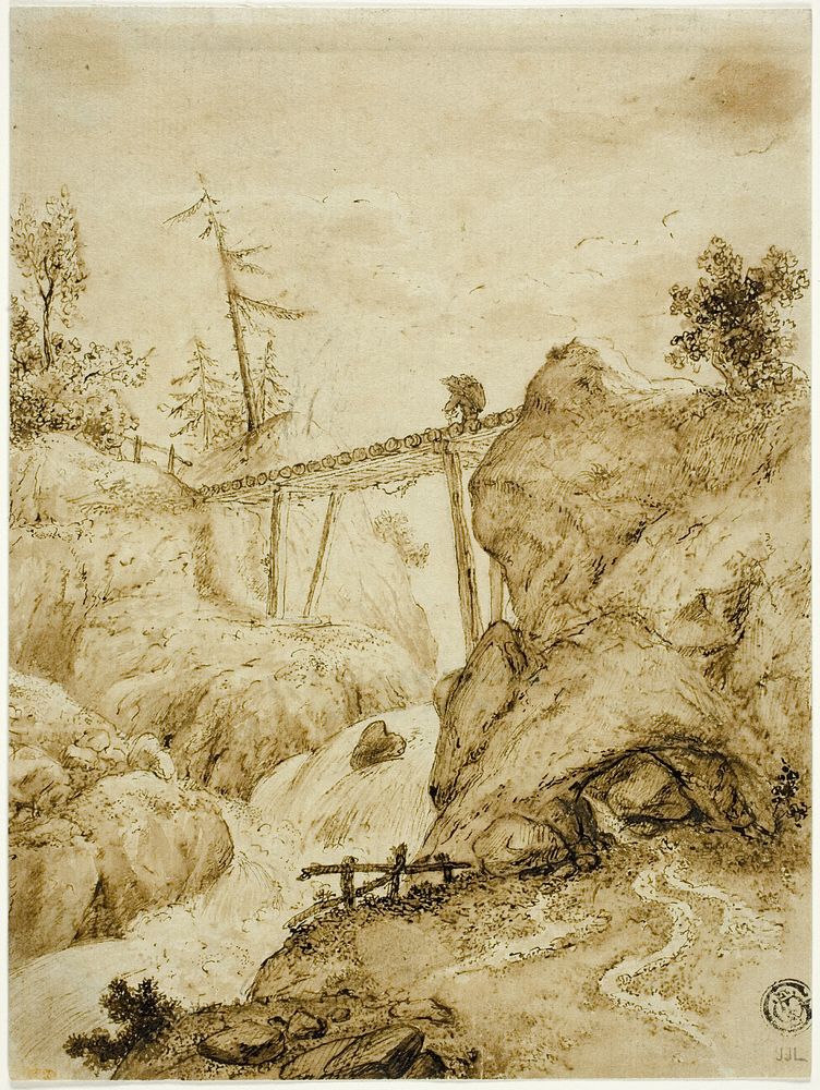 Man Crossing Log Bridge over Torrent by Jan van Eyck