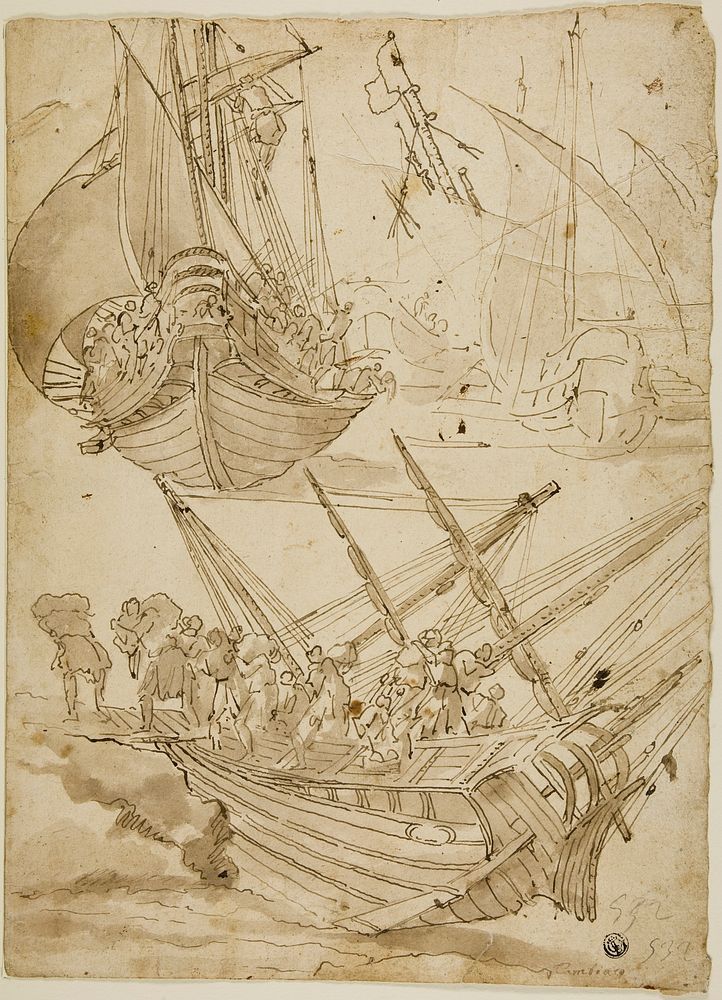 Crew Abandoning Ship (recto) Sketches of Corinthian Columns (verso) by Lazzaro Tavarone