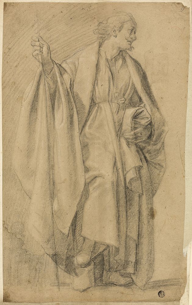 Standing Draped Male Figure, Holding Staff by Eustache Le Sueur