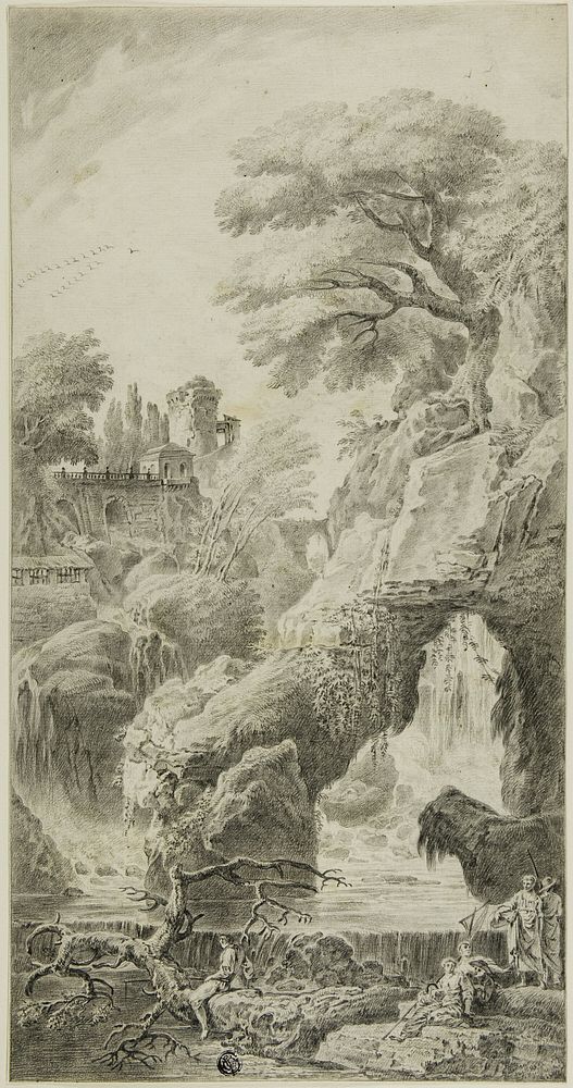 Figures in a Rocky Landscape with Waterfall by Johann Samuel Bach