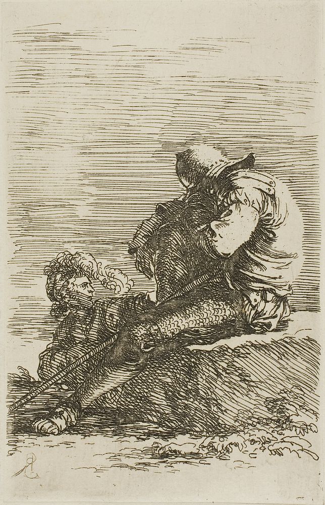 Two warriors, one seated asleep on a foreground rock, from Figurine series by Salvator Rosa