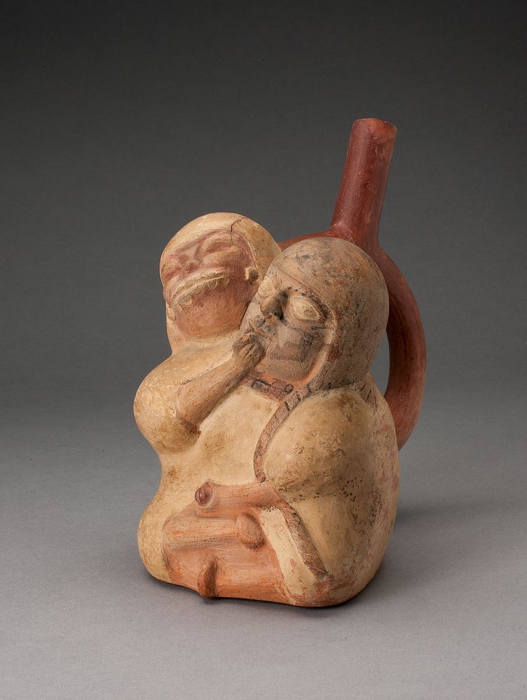Handle Spout Vessel in Form of a Female and Skeletal Figure in an Erotic Embrace by Moche