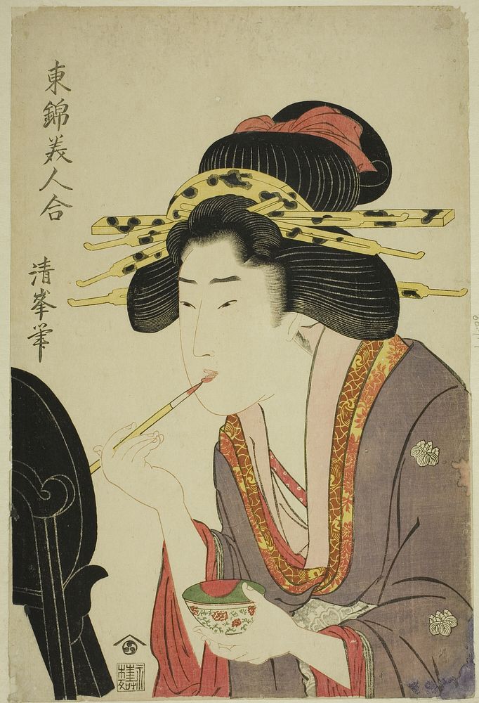 Beauty applying rouge, from the series "Comaprison of Beauties in Eastern Brocade (Azuma nishiki bijin awase)" by Torii…