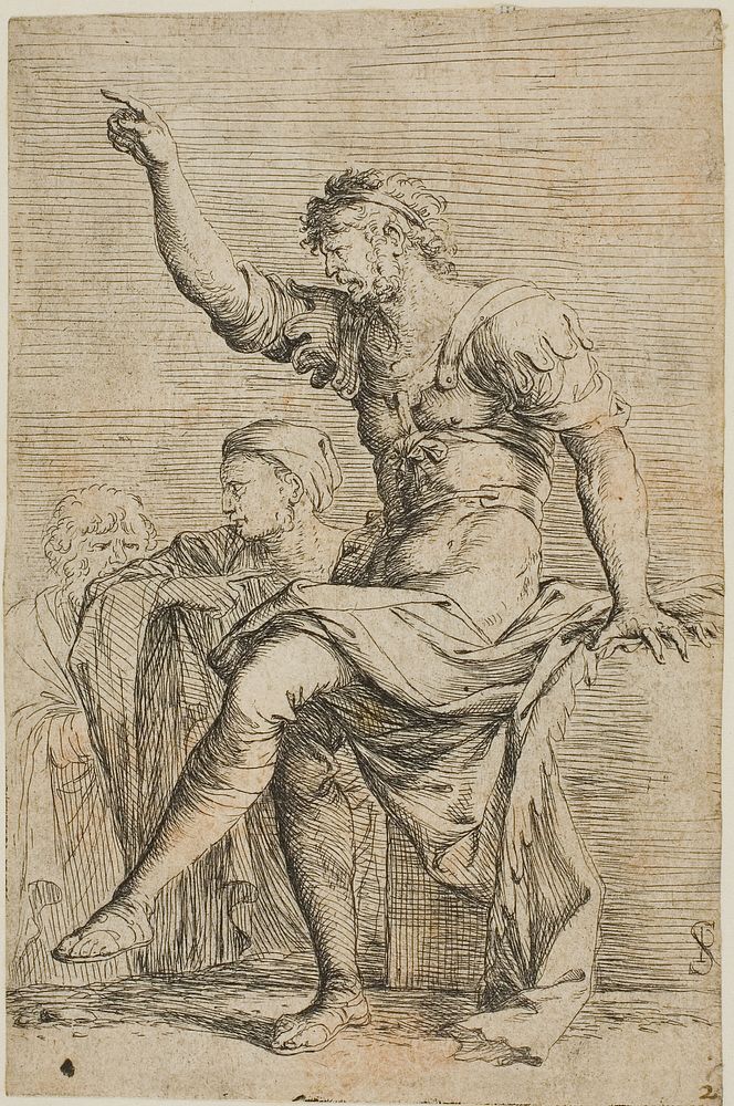 A warrior sits on a block and gestures; two figure are behind him, from Figurine series by Salvator Rosa