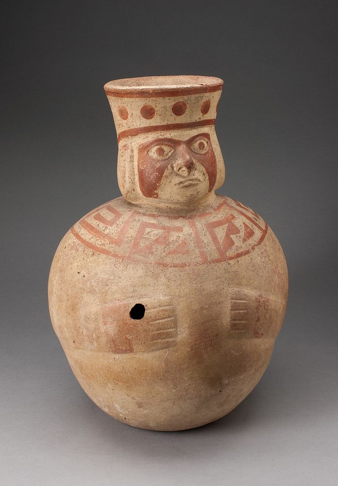 Jar in the Form of an Abstract Figure with Modeled Head and Wide Collar by Moche