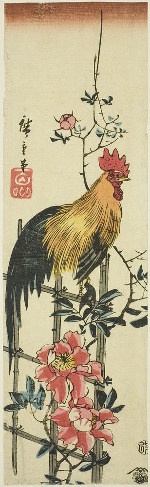 Rooster perched on rose trellis by Utagawa Hiroshige