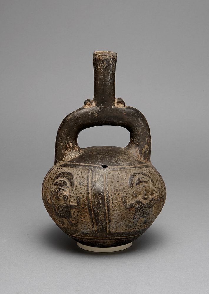 Blackware Stirrup Spout Vessel with a Relief Depicting Warriors with Raised Arms by Chimú