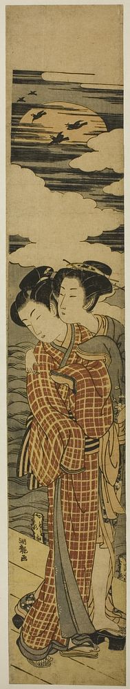 Couple Standing on a Pier Embracing on a Moonlit Night by Isoda Koryusai