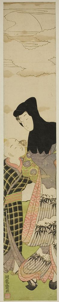 Woman Wearing Black Hood Speaks to Young Boy by Isoda Koryusai