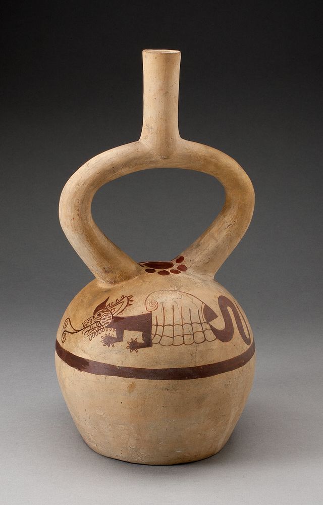 Stirrup Vessel Depicting a Supernatural within a Shell on Shoulder by Moche