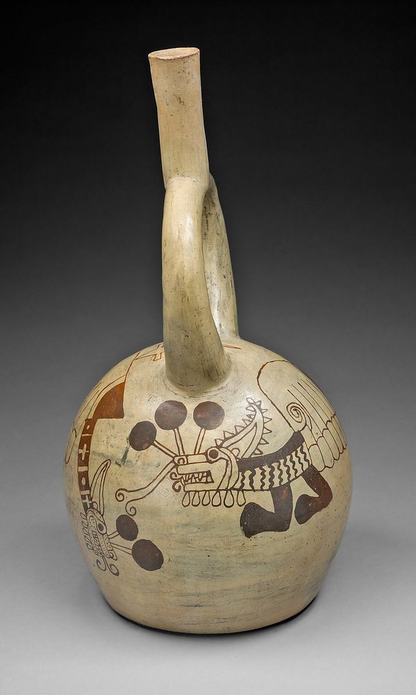 Stirrup Vessel Depicting a Supernatural Being within a Shell by Moche