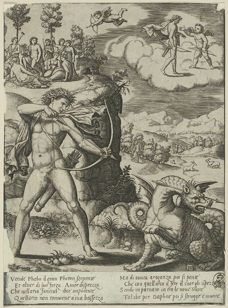 Apollo Slaying Python, plate one from The History of Apollo and Daphne by Master of the Die