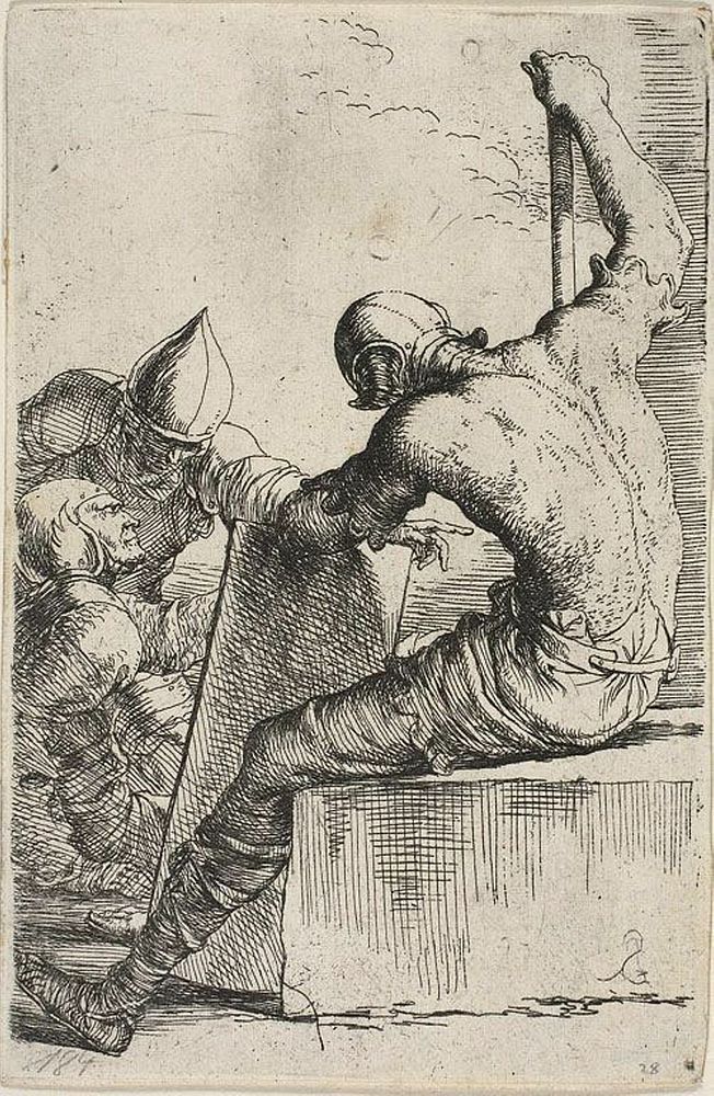 A warrior, seated on a foreground block, holds a shield and staff and turns toward two warriors behind him, from Figurine…