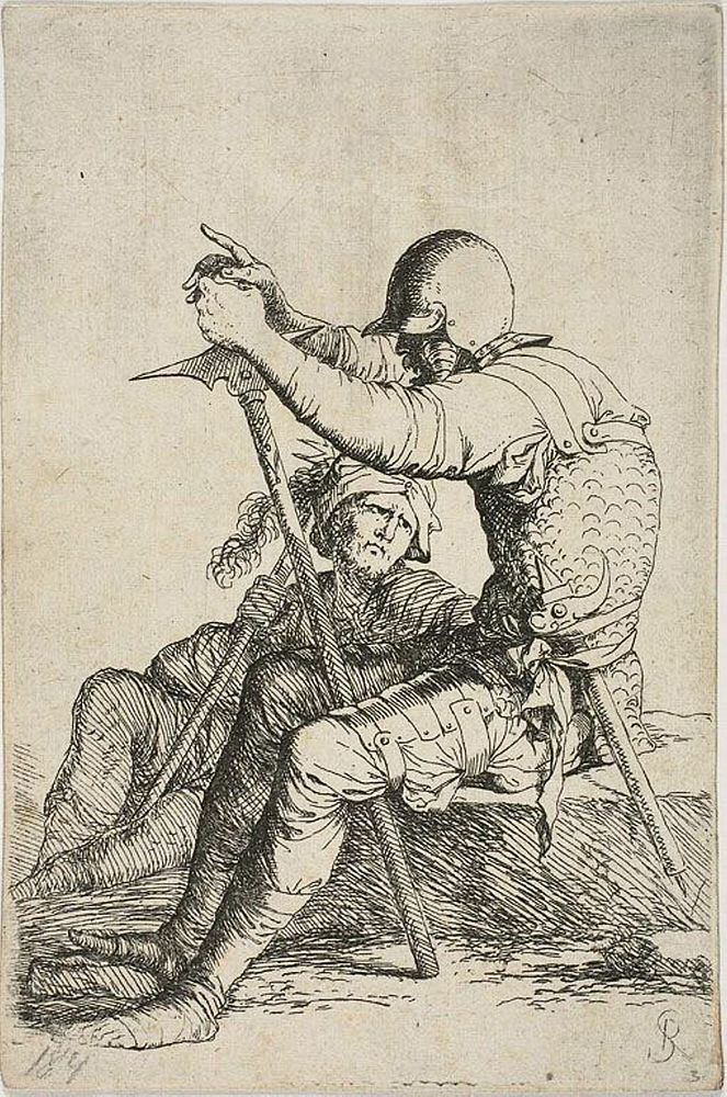 Two warriors, one seated on a low foreground rock and holding a war hammer; the other figure seated on the ground behind…