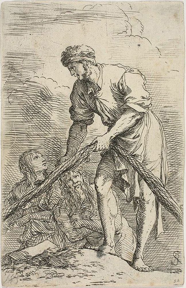 A men pulling a net, with two figures behind him, from Figurine series by Salvator Rosa