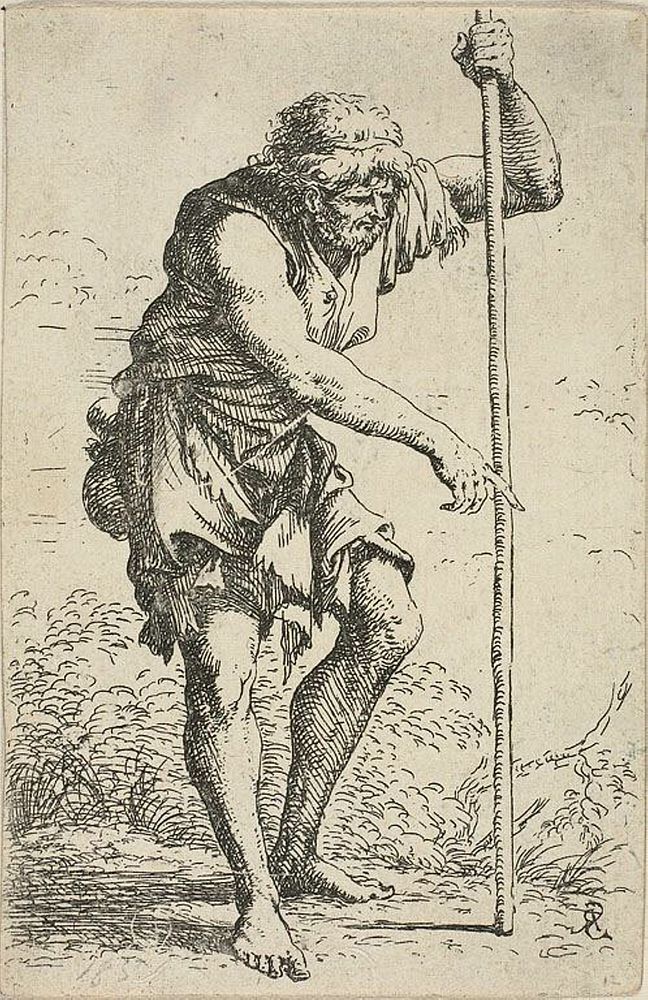 An Old, Ragged Man with a Staff and a Ground at his Hip, from Figurina by Salvator Rosa