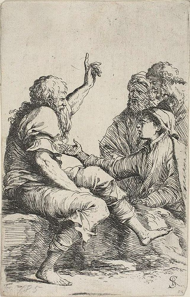 A bearded old man seated on a rock and making a hortatory gesture toward three men opposite him, from Figurine series by…