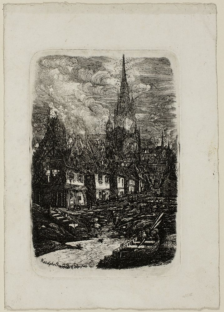 Fishing Port with Pointed Belltower by Rodolphe Bresdin