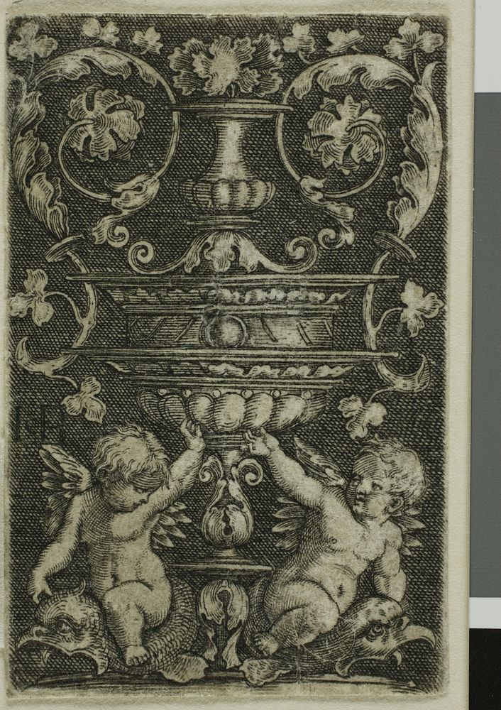 Ornament with Vase and Two Genii at Foot by Jacob Binck
