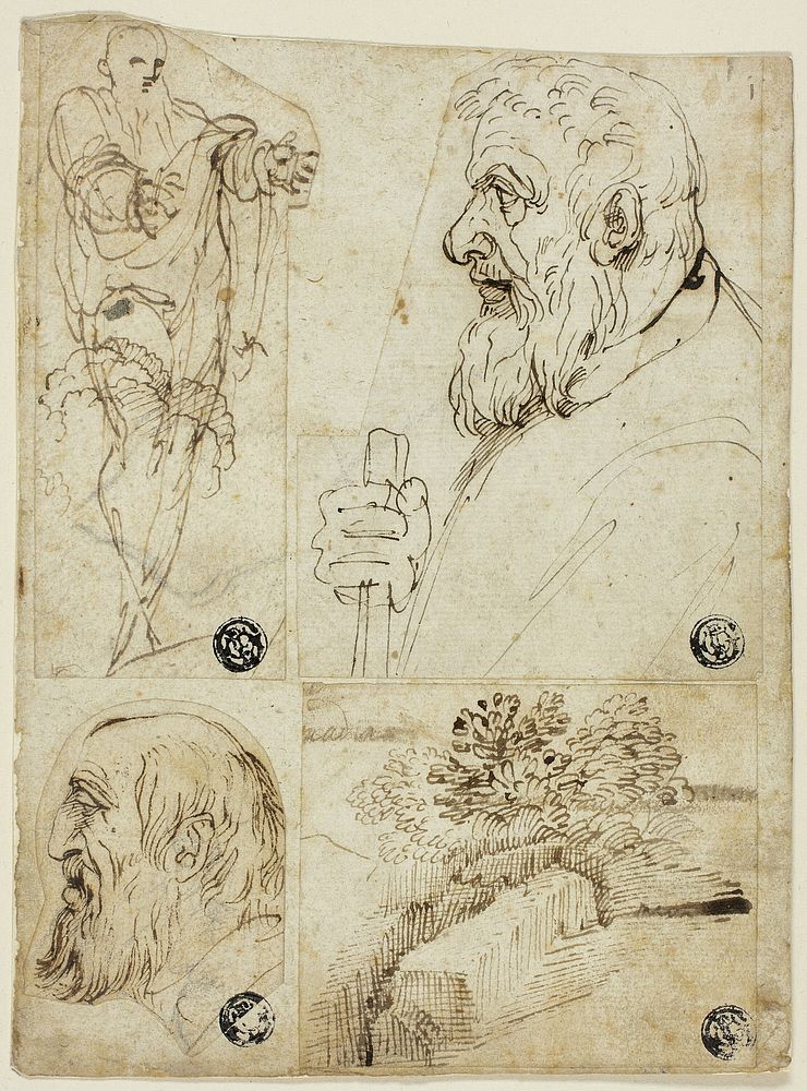 Four Sketches: Standing Male Figure; Profile Bust of Bearded Man; Profile Head of Bearded Man; Landscape by Agostino Carracci