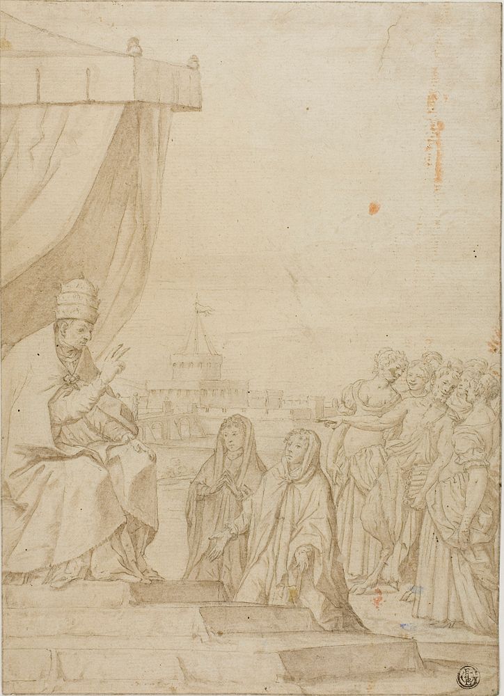 Pope Blessing Two Women in the Presence of Satyr and Assembled Women with Castel Sant Angelo in the Background by Federico…