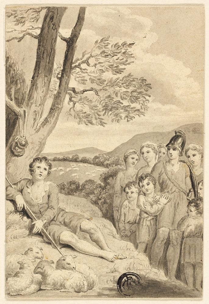 Shepherd Boy with Flock, Watched by Warrior, Women and Children by Unknown artist