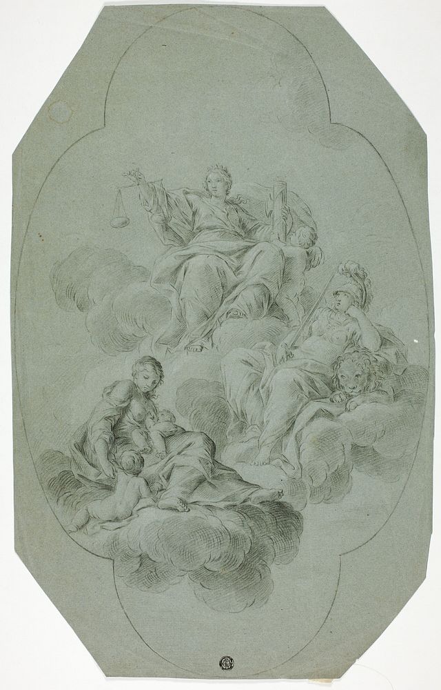 Allegorical Ceiling Decoration with Justice, Charity, and Fortitude by Style of Stefano Pozzi