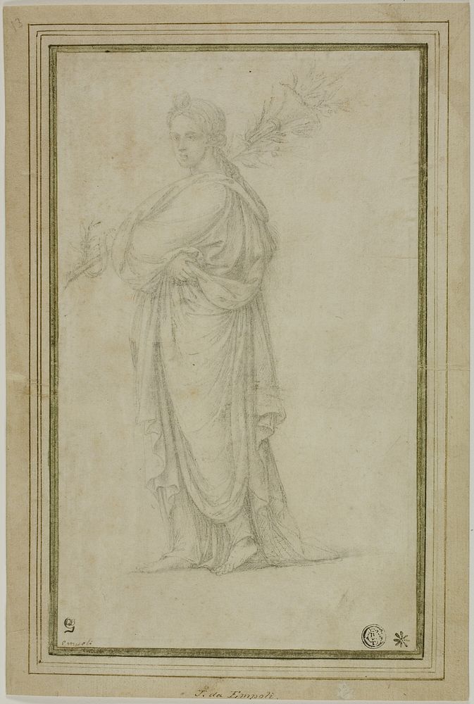 Standing Draped Female Figure Carrying Trumpet, Flowers by Circle of Girolamo da Carpi