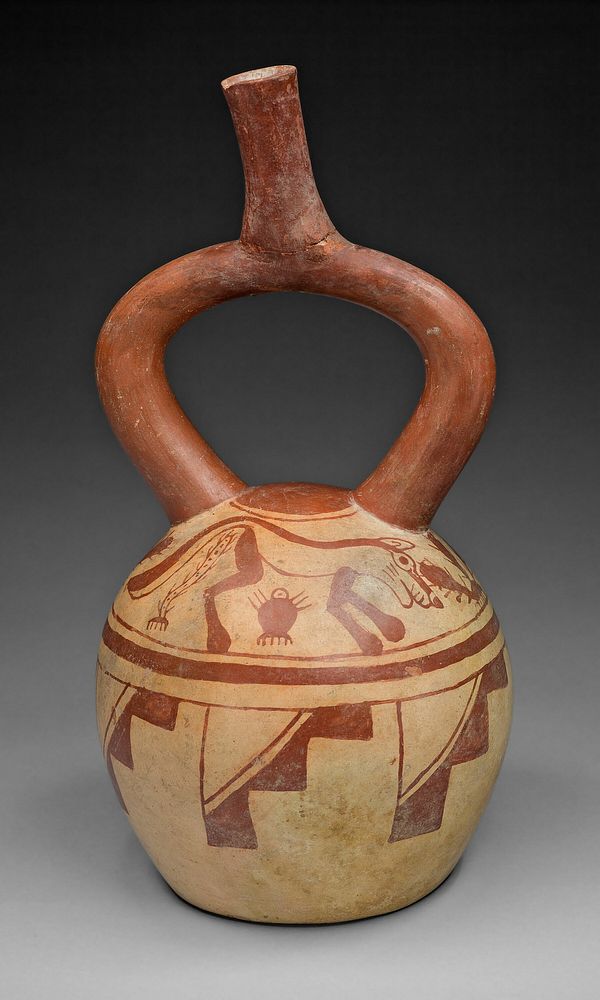 Stirrup Spout Vessel with Cat and Cactus Motifs by Moche