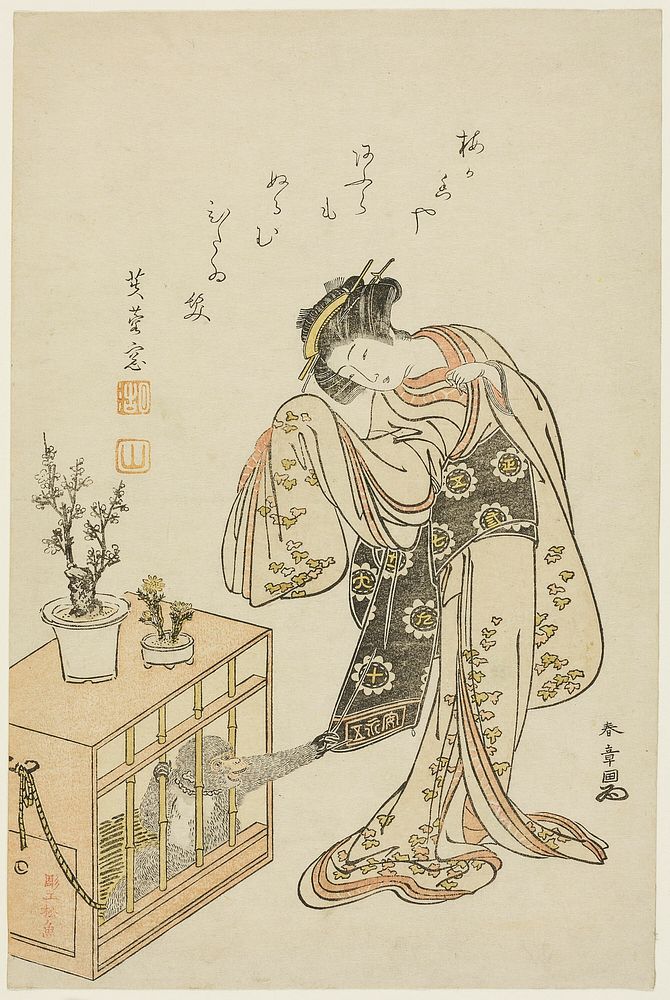 Young Woman with a Caged Monkey (Calendar Print for New Year 1776) by Katsukawa Shunsho