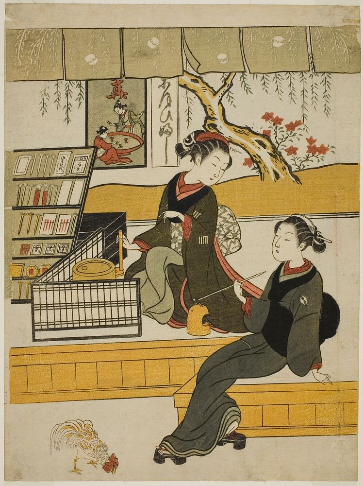 Ofuji, the Shop Girl of the Motoyanagiya, with a Customer by Suzuki Harunobu