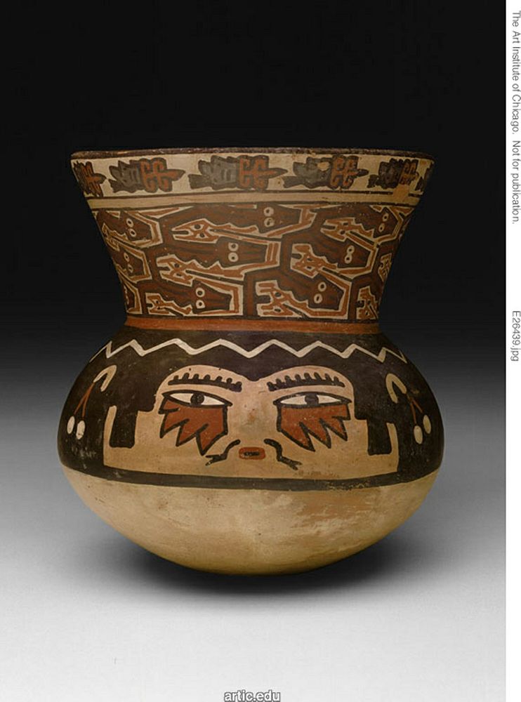 Beaker in the Form of a Head with Abstract Serpent-like Textile Pattern by Nazca