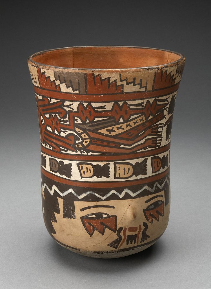 Beaker Depicting Human Head with Face Painting; and Abstract Costumed Figures by Nazca