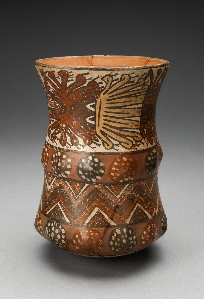 Curved Beaker with Rows of Abstract Masks and Geometric Motifs by Nazca
