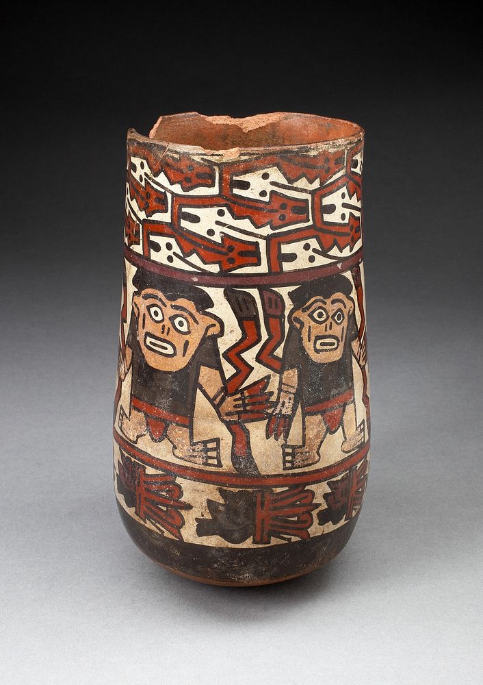 Beaker Depicting Rows of Figures Holdings Staffs or Plants with Geometric Motifs by Nazca