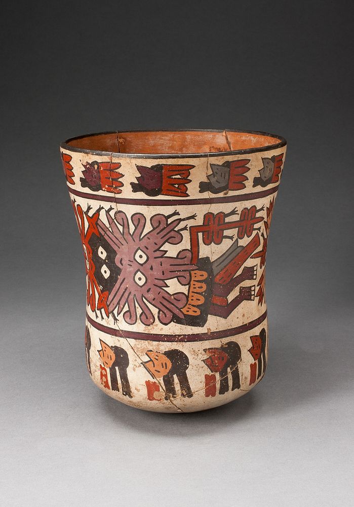 Beaker Depicting Costumed Ritual Performer with Abstract Trophy Heads, Heavily Restored by Nazca